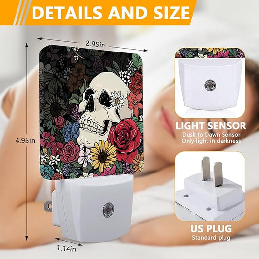 GANTINIR Halloween Skull Night Light, Plug-into Skeleton Flower Floral Nightlight White LED Lamp, Energy Efficient Decor Desk Lamp for Bedroom Hallway Stairs Bathroom