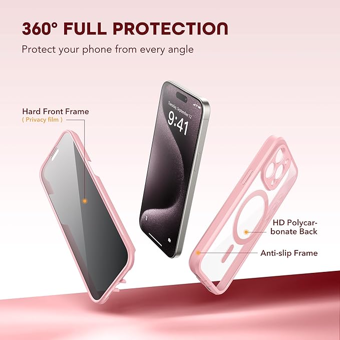 Magnetic for iPhone 15 Pro Max Case, Compatible with MagSafe, Built-in Privacy Screen Protector and Camera Protection, Anti Spy Full Body Dustproof Shockproof Hard Phone Case 6.7", Pink