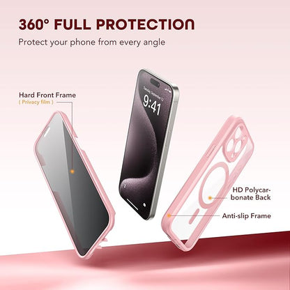 Magnetic for iPhone 15 Pro Max Case, Compatible with MagSafe, Built-in Privacy Screen Protector and Camera Protection, Anti Spy Full Body Dustproof Shockproof Hard Phone Case 6.7", Pink