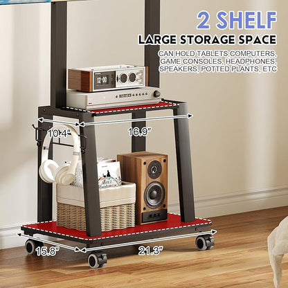 Rolling TV Stand on Wheels for 23-60Inch Flat/Curved Screen TVs,Tilt Mobile TV Cart with 2 Shelves,Portable TV Stand with Adjustable Height Holds up to 50lbs for Indoor Outdoor Max VESA 400x400mm