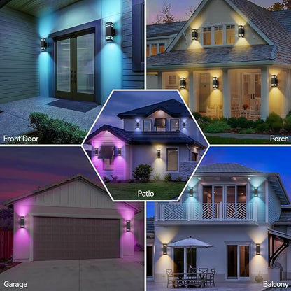 Zinola Outdoor Smart Wall Lights 2 Pack, Aluminum Exterior Lighting Fixtures Dusk to Dawn Color Changing Outdoor Lights with Matte Black Finish for Outside Decor, DIY Lighting Effects