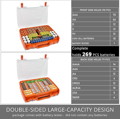Aptbyte Battery Organizer Storage Holder Box Case with Tester- 269 Batteries Double-Sided Variety Pack, Holds AA AAA 4A C D Cell 9V 3V Lithium LR44 CR2 CR123 CR1632 18650 Button- Orange (Box Only)