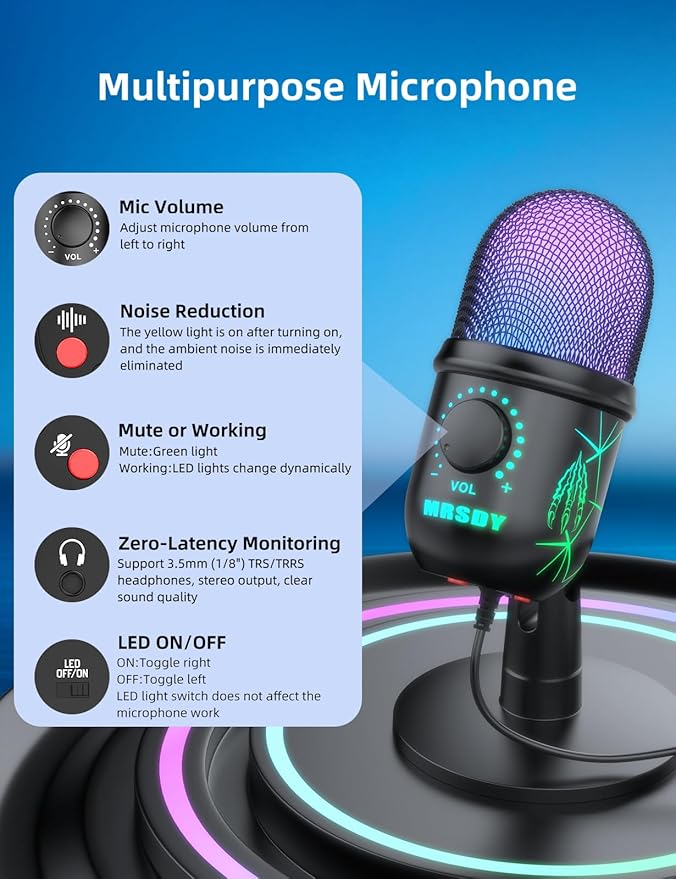 USB Gaming Microphone for PC, Mac, PS4, PS5, Computer Mic with Noise Reduction, Monitor, Mute and RGB, Great for Recording, Streaming, Podcasting