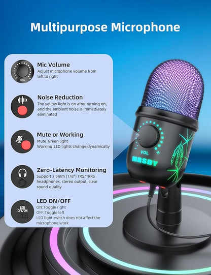 USB Gaming Microphone for PC, Mac, PS4, PS5, Computer Mic with Noise Reduction, Monitor, Mute and RGB, Great for Recording, Streaming, Podcasting