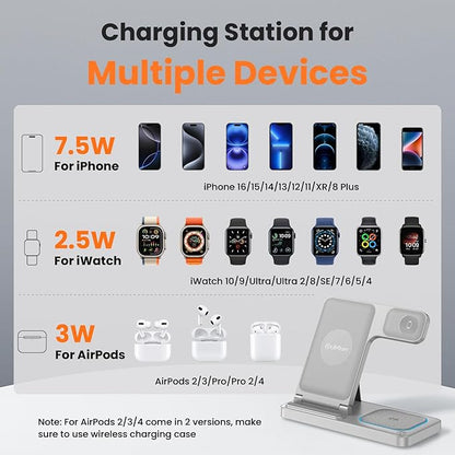 DUMTERR 3 in 1 Wireless Charger for iphone 16 15 14 13 12 11 XR 8, Apple Charging Station for Apple Watch 10/9/Ultra/8/7/SE/6/5/4 & AirPods Series, Wireless Charging Station for Multiple Devices Apple