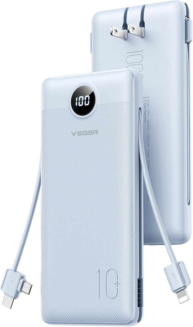 VEGER Travel Essential AC Wall Plug Portable Charger, 10000mah Slim Portable Charger Built in Cables, USB C Power Bank 15W Fast Charging, Battery Pack Compatible with iPhone, Android and More(Blue)