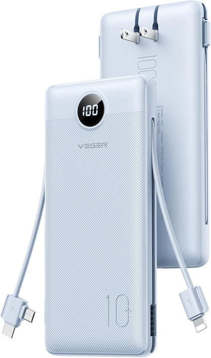 VEGER Travel Essential AC Wall Plug Portable Charger, 10000mah Slim Portable Charger Built in Cables, USB C Power Bank 15W Fast Charging, Battery Pack Compatible with iPhone, Android and More(Blue)