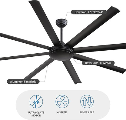 WINGBO 80 Inch Industrial Ceiling Fan without Light, 8 Aluminum Blades Ceiling Fan No Light, 6-Speed Reversible Noiseless DC Motor for Kitchen Bedroom Living Room, Matte Black