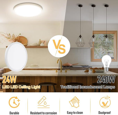SunRider 2-Pack LED Flush Mount Ceiling Light Fixture, 4000K Neutral White, 2400LM, 12 Inch 24W 240W Equiv. Round Flat Ceiling Lights, Non-Dimmable