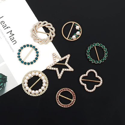 T-Shirt Clips 9 PCS, Clothes Corner Knotted Button, Fashion Alloy Pearl Rhinestone Circle Clip Buckle Round Shirt Silk Scarf