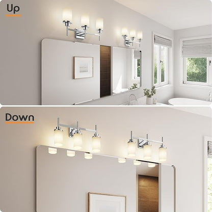 AONEON Bathrom Light Fixtures Polished Chrome 3 Vanity Lights with White Frosted Glass Shade, Wall Lamps Over Mirror for Bath Washroom Bedrom T001CH-L3