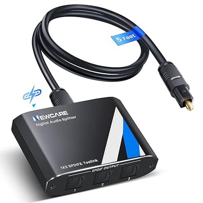 NEWCARE Optical Audio Splitter 1 in 3 Out,SPDIF Toslink Digital Optical Audio Cable Splitter 1x3 Support LPCM2.0 Doldy Digital & DTS 5.1 for Xbox,PS4,DVD,TV Box,Home Theatre, Receiver,Sound Bar
