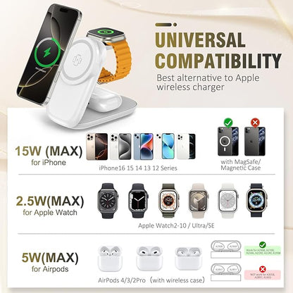 Foldable Wireless Charger, Fast Max Charging for iPhone 16/15/14/13/12 Pro Max, 3 in 1 Charging Station for Apple Watch 10－3 & AirPods Pro/4/3（White
