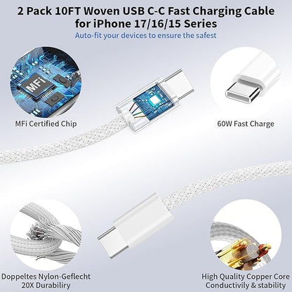 2 Pack Fast Charger iPhone 17/16/15,40W USB C Dynamic Apple Adapter with 60W Max 10FT Type C-C Fast Charging Woven Cable 40W Apple Wall Charger for iPhone 17 Pro/17 Air/16e/16/15Plus,iPad Pro/Air/Mini