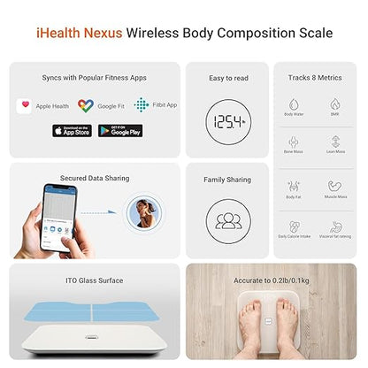 iHealth Nexus Smart Scale for Body Weight Bluetooth, Digital Bathroom Scale Body Fat and Muscle, Body Composition Monitor Health Analyzer for BMI Compatible for iOS & Android Accurate to 0.1lb-White