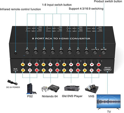 Dingsun 8Port AV to HDMI Converter, Will Convert Input Analog Aignals to a Digital Output Signal, Built-in 16:9/4:3 Adjustment, Perfect for Old Video Game Systems,PS,WII,Xbox,DVD,VHS(with Remote)