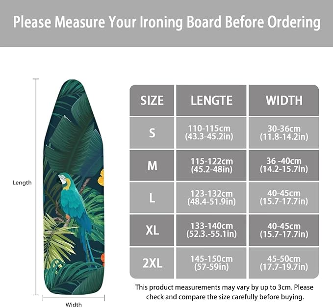 ZCFYGDX Ironing Board Cover Easy Install with Elastic Edge 3 Bottom Nylon Buckle Straps Breathable Ironing Decor Suitable for Wide Ironing Board House Decor Parrot Palm Leaf Print Size-M