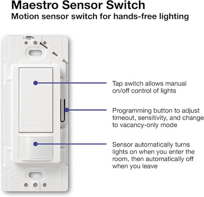 Lutron Maestro Motion Sensor Light Switch Indoor for Bathroom, Garage, Laundry Room, Any Bulbs, Occupancy Vacancy Sensor, Single-Pole, MS-OPS2-WH, White
