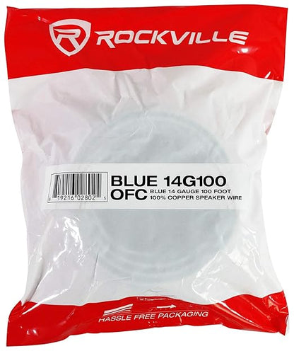 Rockville Blue 14G100 14 Gauge 100 Ft Speaker Wire, 100% OFC Copper, Marine-Grade Tinned, Flexible, Low Resistance, for Car, Marine, and Home Audio