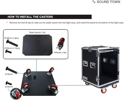 Sound Town Heavy-Duty 1/2" (12mm) Plywood 14U PA DJ Rack/Road ATA Case with 11U Slant Mixer Top, 20’’ Rackable Depth, DJ Work Table and Casters, 14 Space Size, Pro Tour Grade (STMR-14UWT)