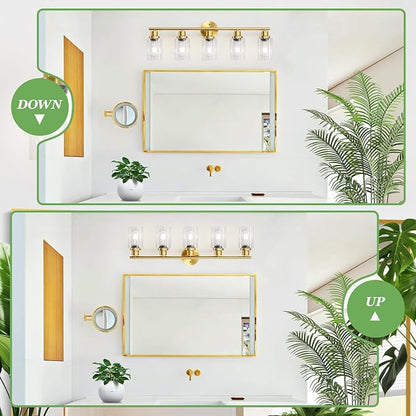 Guliaofo 5-Light Bathroom Vanity Lights, E26 Modern Brushed Gold Bathroom Light Fixtures with Clear Glass Shade, Mirror Kitchen Hallway Cabinet Living Room Sconces Wall Lights