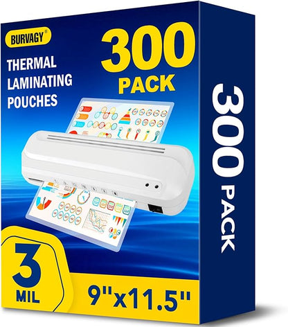 BURVAGY 300 Pack Laminating Sheets, 3 Mil, 9 x 11.5 Inches Thermal Laminating Pouches Lamination Sheet Paper for Laminator, Clear, Letter Size, Office and School Supplies