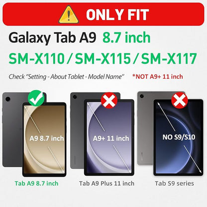 HXCASEAC Case for Samsung Galaxy Tab A9 8.7 Inch, Protective with Screen Protector/Hand Strap/Pen Holder, Sturdy Shockproof for Samsung A9 Tablet Case SM-X110 SM-X115 SM-X117 - Black