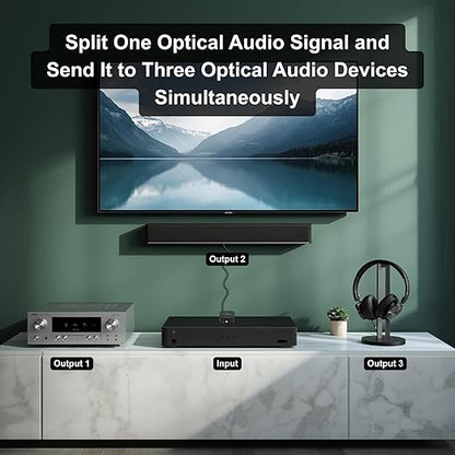 J-Tech Digital Toslink Optical Splitter 1 in 3 Out for TV, Toslink Splitter 1x3 Audio Splitter Supports LPCM2.0, Digital 5.1 Audio for Soundbar AV Receiver Gaming Console [JTD-SP0103]