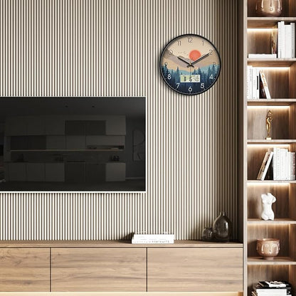 Silent Wall Clock with Day Week Temperature Wilderness with Sunset Non-ticking Battery Operated Large Digital Modern Clocks Display with Calendar and Date for Kitchen Farmhouse Bathroom Office 12 Inch