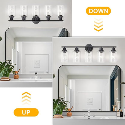 Unicozin Modern Bathroom Light Fixtures, 5 Light Vanity Lights, Black Wall Lamp with Clear Glass for Bathroom, Mirror, Living Room, Bedroom, Hallway, E26 Base