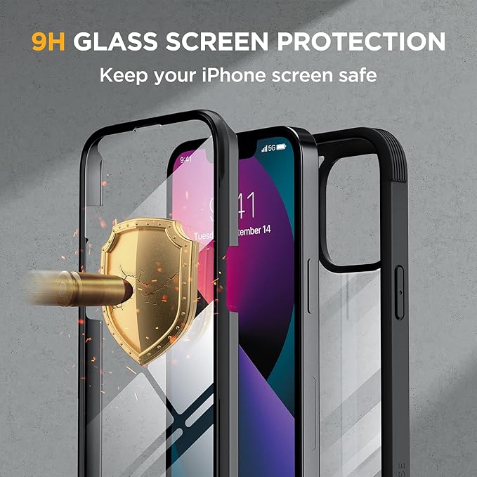 Miracase Compatible with iPhone 13 case 6.1 inch, 2021 Upgrade Full-Body Glass Clear Case Bumper Case with Built-in 9H Tempered Glass Screen Protector for iPhone 13,Black