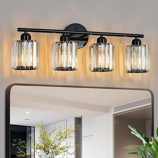 FDPBY Modern 4 Light Crystal Vanity Light, Plating Black Vertical Bathroom Light Fixture Over Mirror for Dressing Table Sink, Compatible with Dimmable Bulbs (Bulbs Not Included)