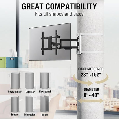 CondoMounts CLMTVA1044 Full Motion Large Pillar TV Mount | Column | Round & Square TV Post Mount | NO Drill | Holds 80lbs | Fits 32-in. to 70-in. TVs | Fits Pillars 8-in & Wider | White Strap