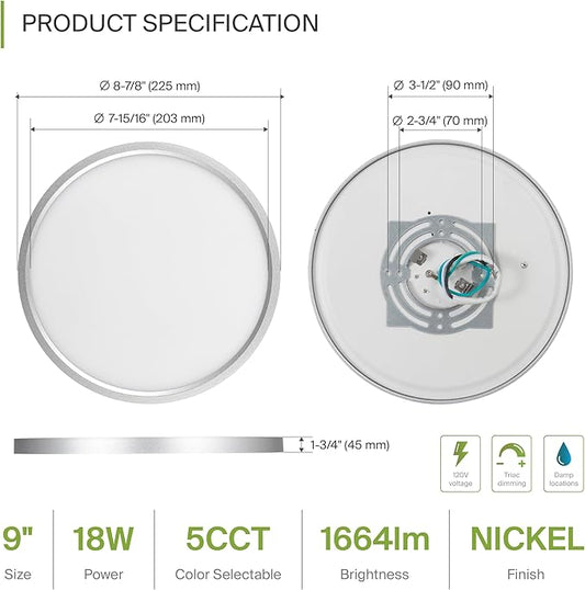 ASD LED 9" Round Flush Mount Ceiling Light Fixture, Low Profile Surface Lighting | 5CCT, Dimmable, Ultra-Thin, ETL Listed | 18W 1660LM 2700-6000K 120V | Kitchen, Bedroom, Hallway Lamp | Nickel, 6 Pack