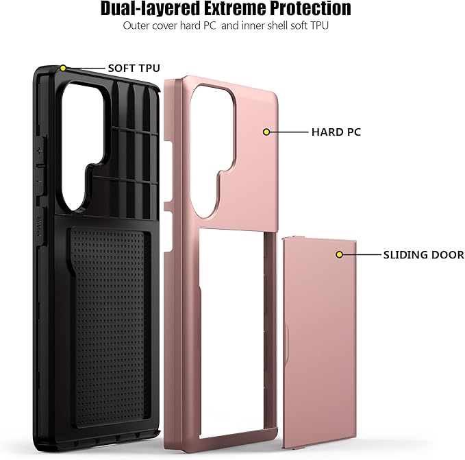 Nvollnoe for Samsung S25 Ultra Case with Card Holder Dual Layer Heavy Duty Protective Case Hidden Card Slot Slim Wallet Case for Samsung S25 Ultra 6.9''(Rose Gold)