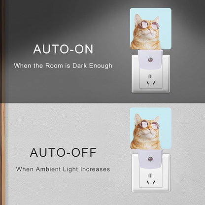Smoaffly Glasses Cat Night Light Plug-in LED Nightlights Auto Sensor Night Lamp Dusk-to-Dawn Lamp Home Decor for Nursery Children Girls Boys
