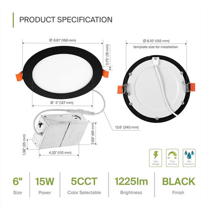 ASD 1 Pack LED Recessed Lighting 6 Inch 15W, 5 CCT 2700K-5000K CRI90+, IC Rated Ultra Thin Dimmable Ceiling Lights with J Box, Canless Wafer Downlight, Round Slim Panel Light, UL Energy Star, Black