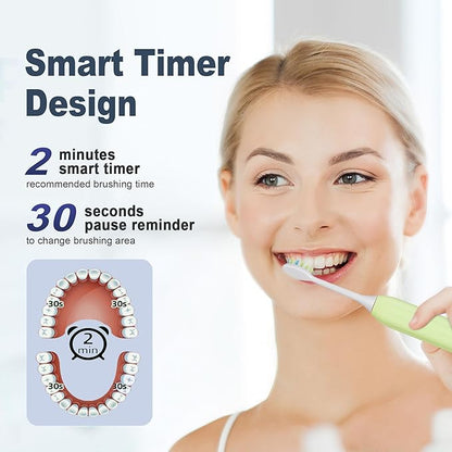 7AM2M Sonic Electric Toothbrush for Adults and Kids, with 8 Brush Heads and Travel Case,5 Modes with 2 Minutes Built in Smart Timer, One Charge Use for 90 Days, Rechargeable Toothbrushes (Light Green)