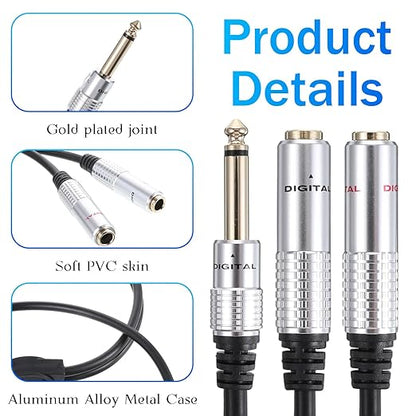 6.35mm TS Guitar Signal Audio Y Splitter Cable, 1/4 Inch Mono Male to Dual Mono Female Jack Adapter with Gold Plated Connectors, Audio Y-Adapter for Microphone Speaker HiFi System Guitar(50cm/1.6ft）