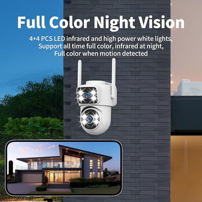 DZCCTVIPC Dual-Lens 2K Smart Indoor/Outdoor Security Camera, 5GHz Wi-Fi, 360° AI Motion Tracking,Color Night Vision,IP65 Weatherproof, 2-Way Audio,24/7 Recording,Works with Alexa & Google (No SD Card)