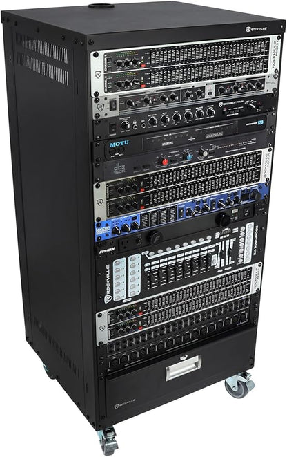 Rockville RR20U 20U Live Sound/Recording Studio Rack Case with Wheels, Reversible Rack Rails, Front & Rear Mounting, Cable Management Ports, 440lb Capacity