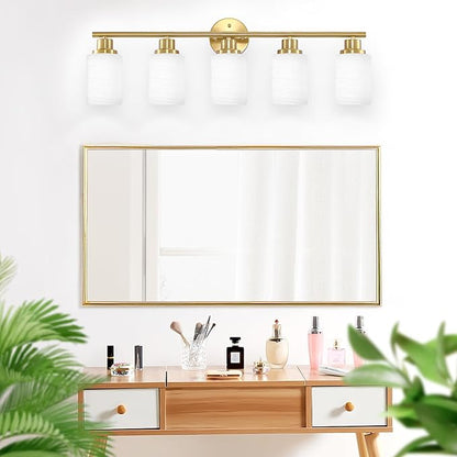 Guliaofo 5-Light Vanity Lights, Brushed Gold Bathroom Light Fixture with Striped Textured Milky White Glass Shade, E26 Modern Vanity Lighting Fixture for Bathroom Wall Sconce Light Over Mirror