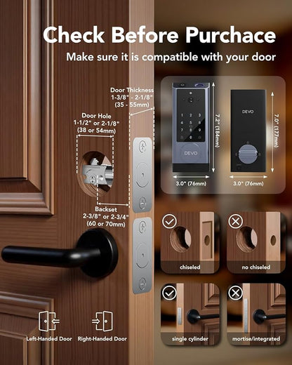 Devo G1 Video Smart Lock with Camera&Doorbell, 6-in-1 Keyless Entry Door Lock Deadbolt with Handle Set, App Remote, Fingerprint ID, Auto Locks, Built-in Wi-Fi Smart Deadbolt for Front Door