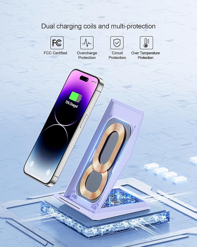 NANAMI Wireless Charger - Fast Qi-Certified Wireless Charging Stand Compatible Apple iPhone 16/16 Plus/16 Pro/16 Pro Max/15/14/13/12 Pro, Desktop Phone Charger for Samsung Galaxy S25/S24/S23/S22/S21
