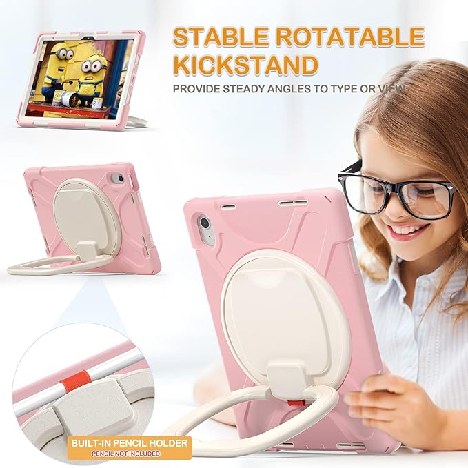 BRAECN Case for iPad (A16) 11th/10th Generation 11”/10.9'' 2025/2022-Shockproof Silicone Cover w/Pencil Holder/360°Swivel Ring Stand/Handle Grip/Kickstand/Shoulder Strap/Screen Protector, Sakura Pink