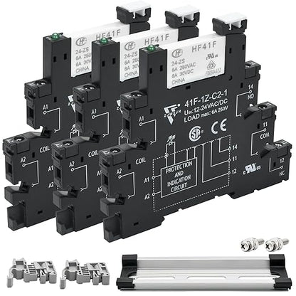 3Pcs Electromechanical Relay Black Miniature Power Relay 24VDC and 24VAC HF41F/24-ZS 6Amp SPDT with LED Light, DIN Rail, Ultra Small and Thin Socket