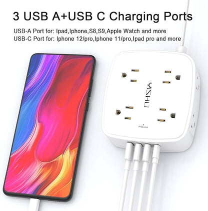 6 Ft Surge Protector Power Strip - YISHU 8 Widely Outlets with 4 USB Ports, 3 Side Outlet Extender with 6 Feet Flat Extension Cord, Ultra Flat Plug, Wall Mount, Desk USB Charging Station, ETL, White