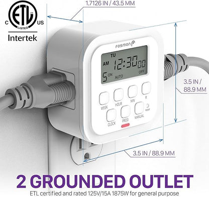 Fosmon 7 Day Digital Timers for Electrical Outlets, Indoor Plug-in Light Timers Switch Programmable, Electric Wall Plug for Lamp, Grow Reptile Lights, Aquarium, 15A/1875W, Grounded- 2 Pack
