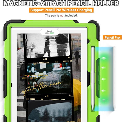 SEYMAC for iPad Air 13 Inch Case M3 2025/ M2 2024, Heavy Duty Shockproof Protective Case with Screen Protector, 360° Rotating Stand, Hand/Shoulder Strap and Pen Holder for iPad Air 13, Green