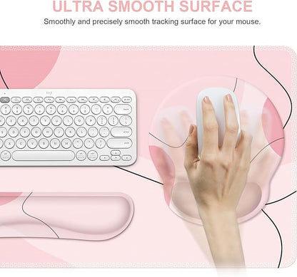 iCasso Large Gaming Mouse Pad Wrist Support Set, Desk Mat, 4in1 XXL Mousepad + Keyboard Wrist Rest+Mouse Wrist Rest+Coaster Set with Ergonomic Design for Home Office Table Computer-Pink Art